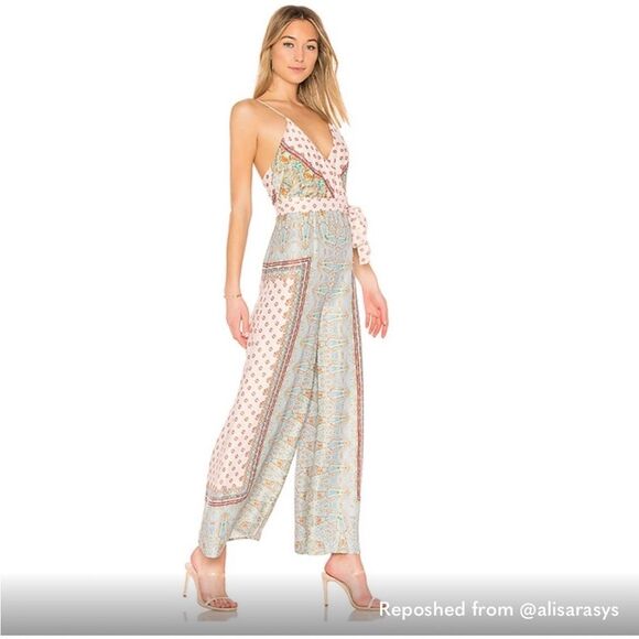 Free People Cabbage Rose Scarf Print Wide Leg Satin Jumpsuit Neutral Combo - 6 - Picture 10 of 10